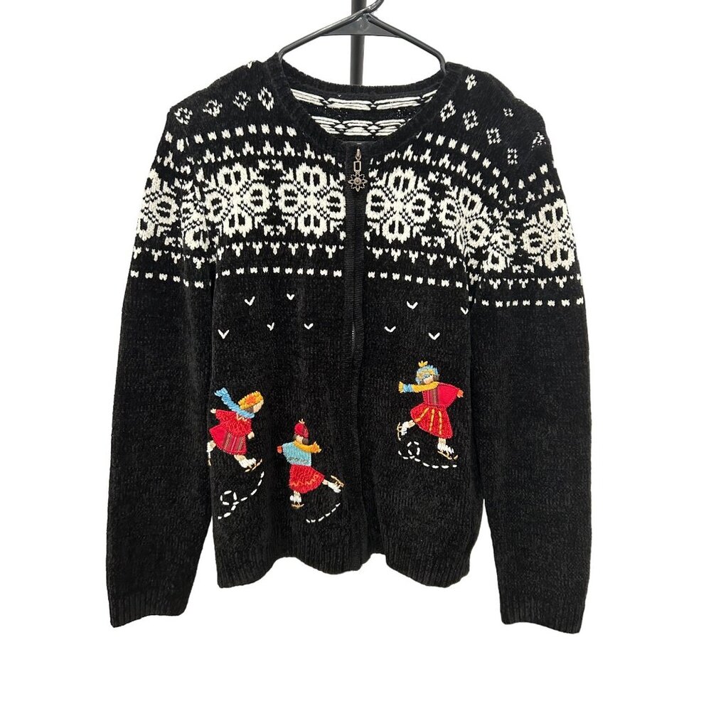 Vintage Nordic Style Black Velour Cardigan Full Zip Sweater Snowflake Skater